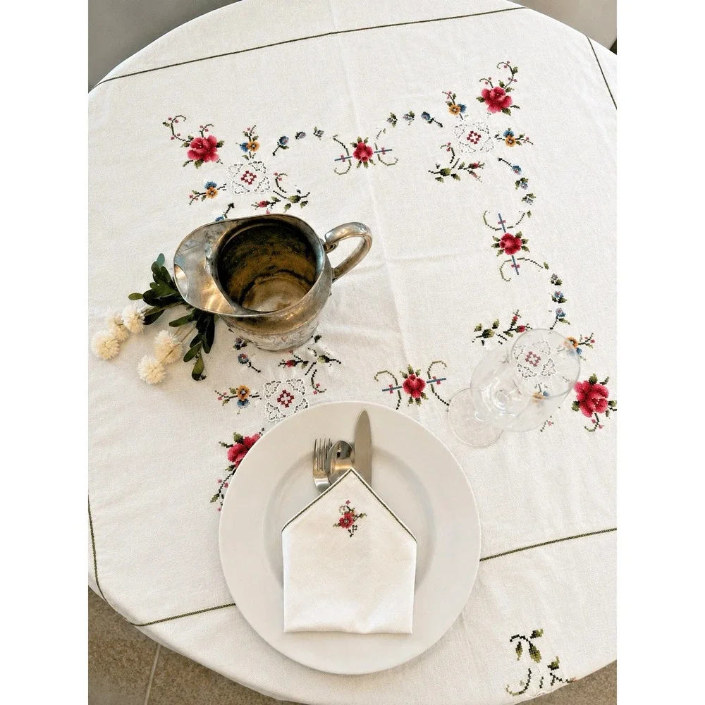 Vintage Hand Embroidered Linen Cross Stitch Tablecloth 7 Napkins Floral 63 x 63